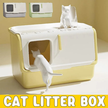 Green fully enclosed cat litter box with lid and front opening