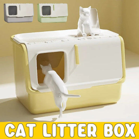 Green fully enclosed cat litter box with lid and front opening