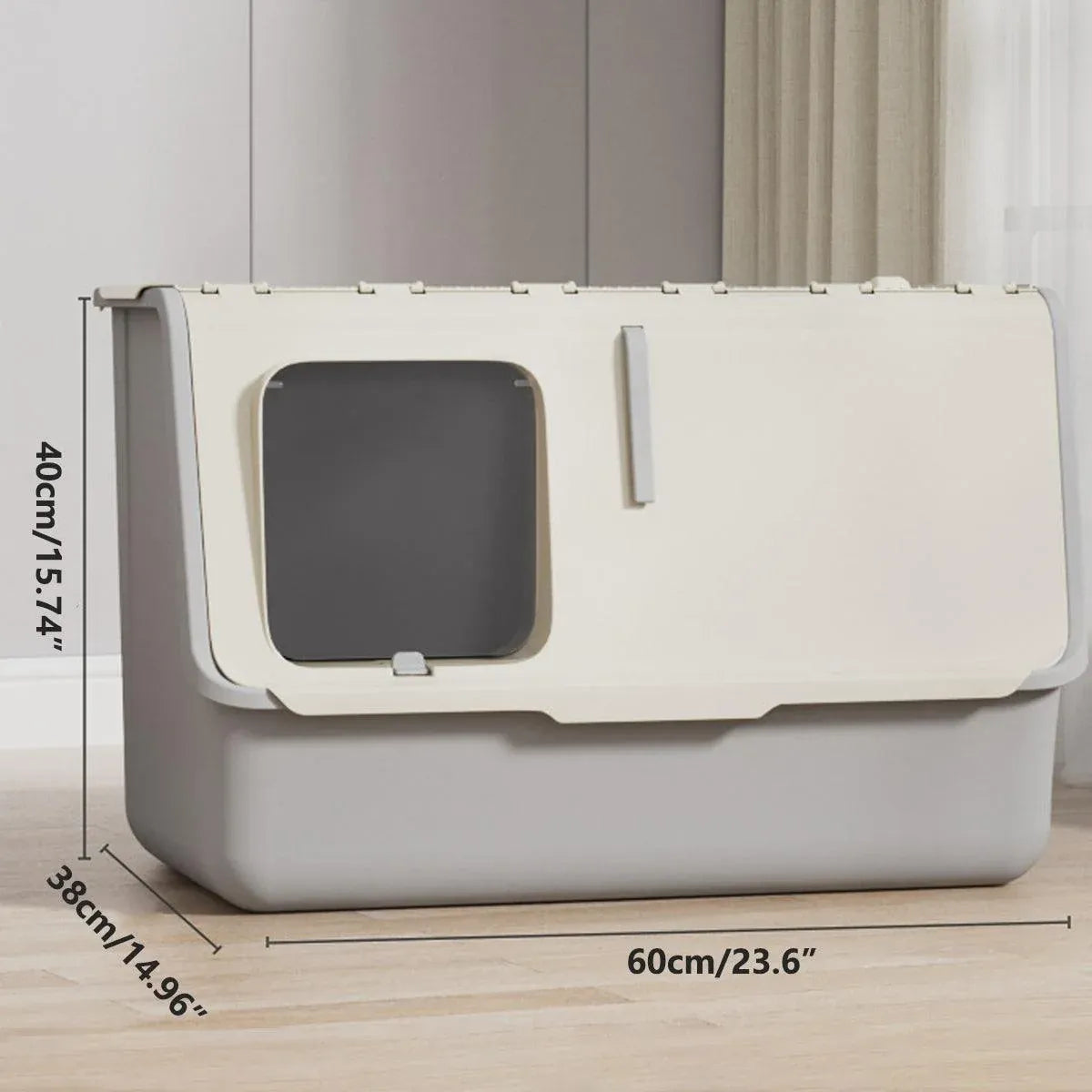 Green fully enclosed cat litter box with lid and front opening