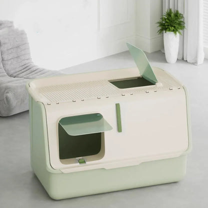 Green fully enclosed cat litter box with lid and front opening