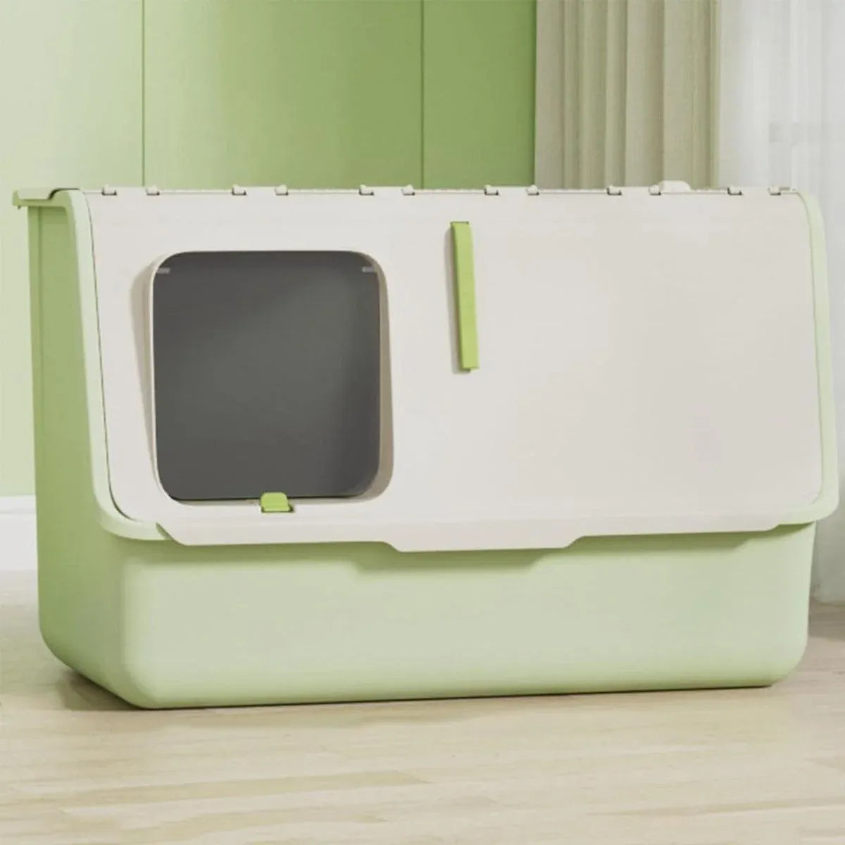 Green fully enclosed cat litter box with lid and front opening
