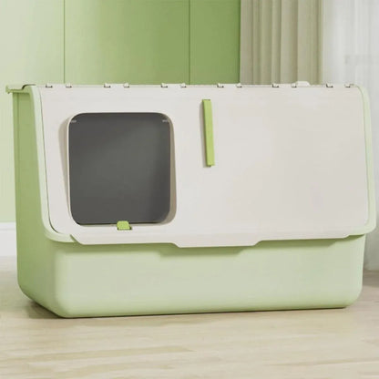Green fully enclosed cat litter box with lid and front opening
