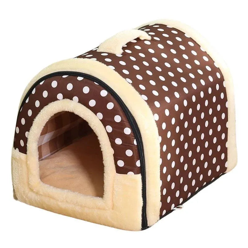 XL brown dots soft igloo pet house bed for cats, puppies and small dogs