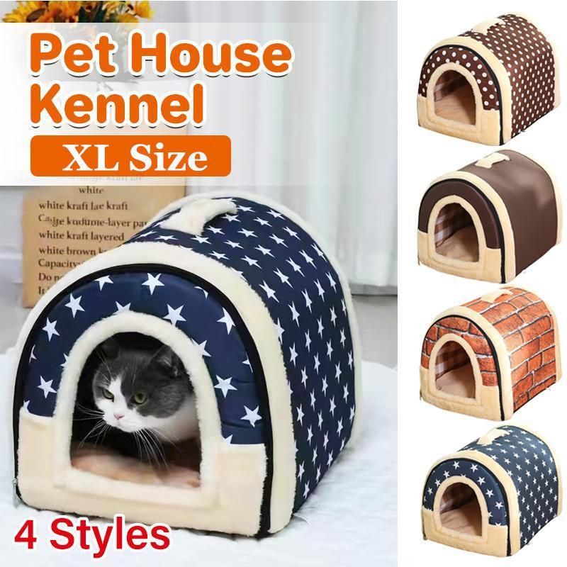XL brown dots soft igloo pet house bed for cats, puppies and small dogs