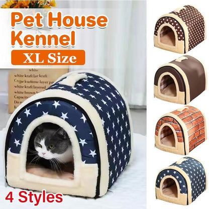 XL brown dots soft igloo pet house bed for cats, puppies and small dogs