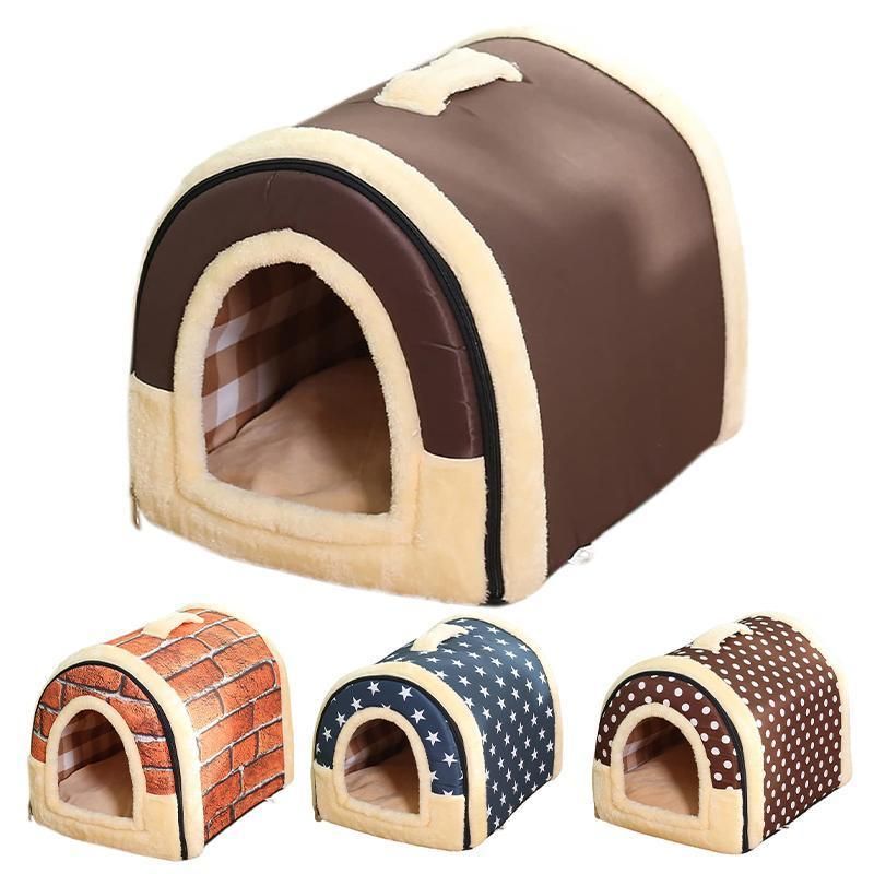 XL brown dots soft igloo pet house bed for cats, puppies and small dogs