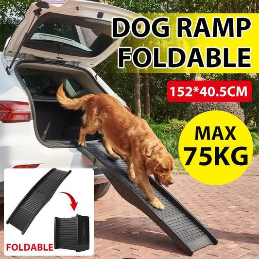 Folding pet ramp with ridged surface set against the back of an SUV