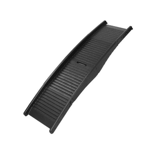 Folding pet ramp with ridged surface set against the back of an SUV