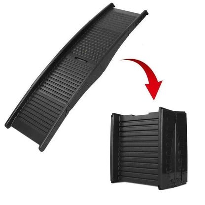 Folding pet ramp with ridged surface set against the back of an SUV
