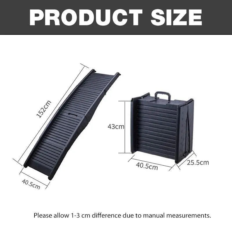 Folding pet ramp with ridged surface set against the back of an SUV