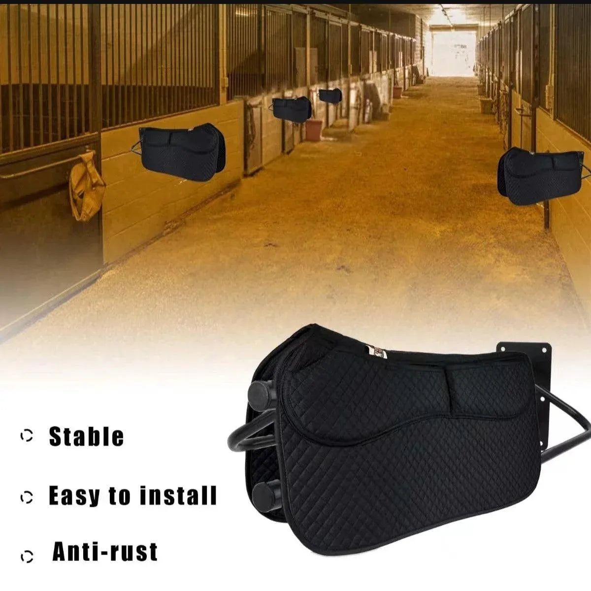 Black wall mounted saddle rack with double pad storage