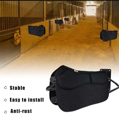 Black wall mounted saddle rack with double pad storage