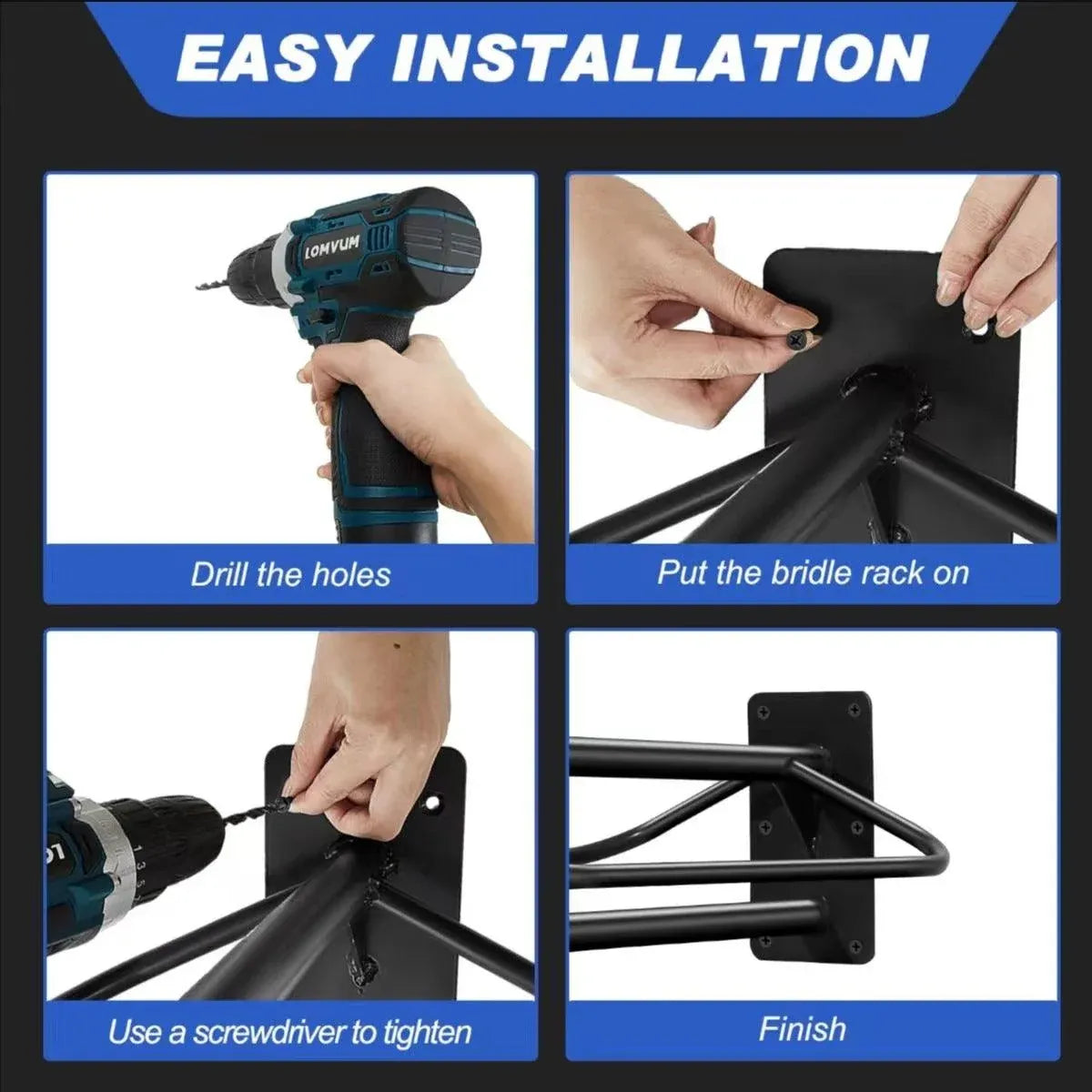 Black wall mounted saddle rack with double pad storage