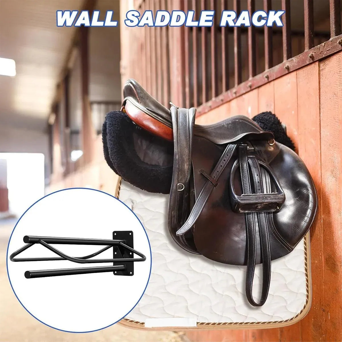 Black wall mounted saddle rack with double pad storage