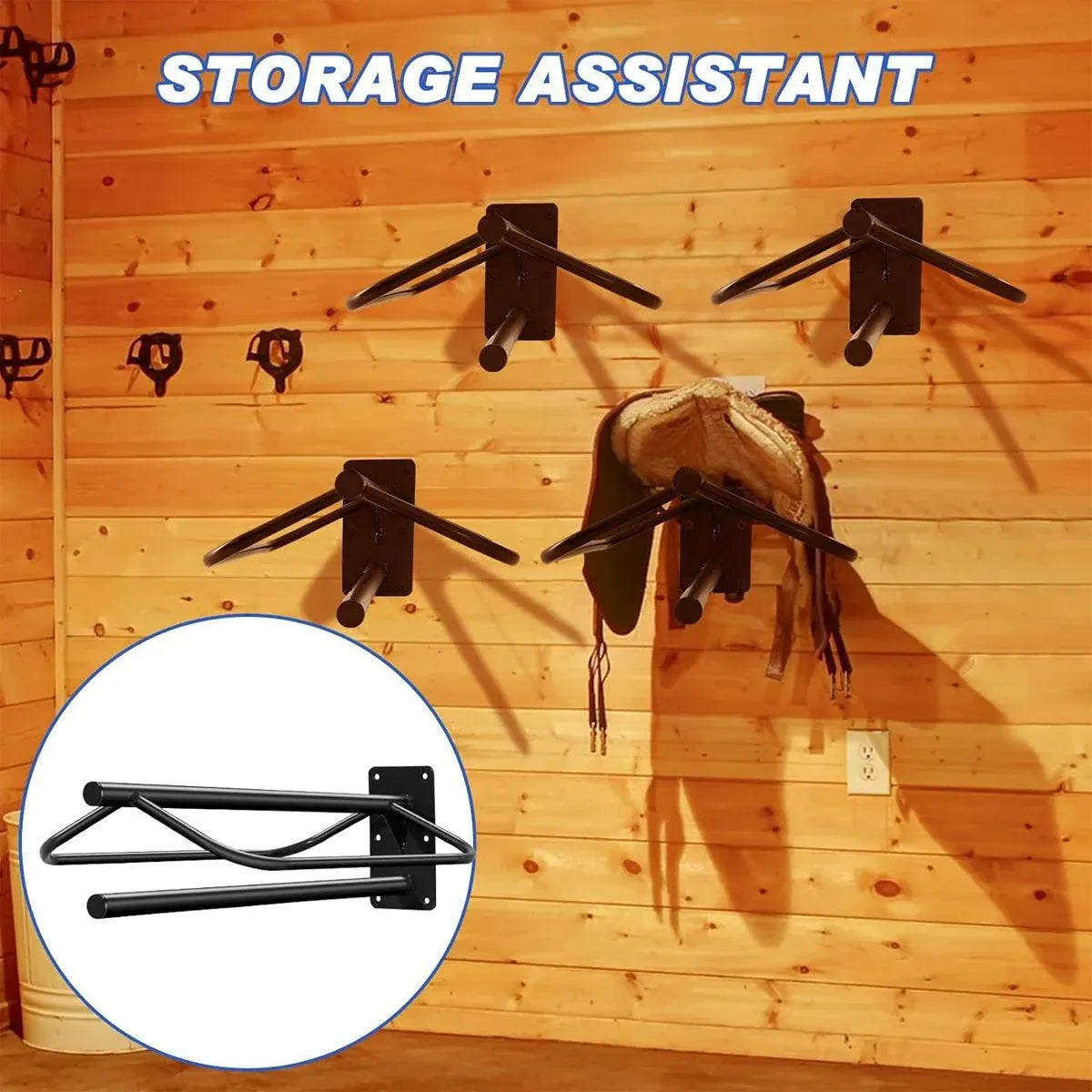 Black wall mounted saddle rack with double pad storage