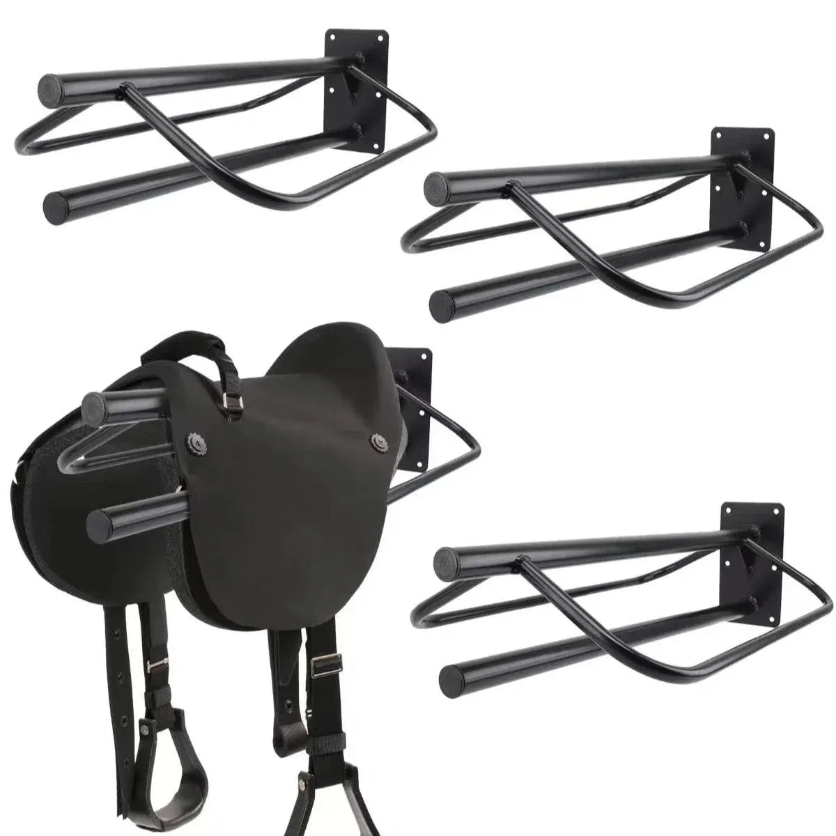 Black wall mounted saddle rack with double pad storage