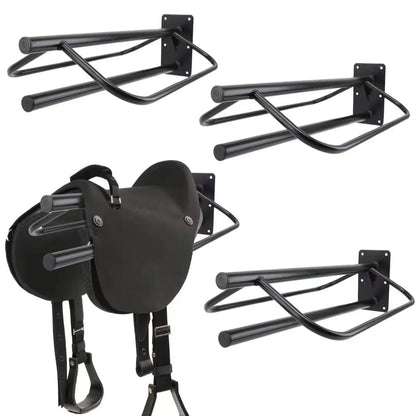 Black wall mounted saddle rack with double pad storage