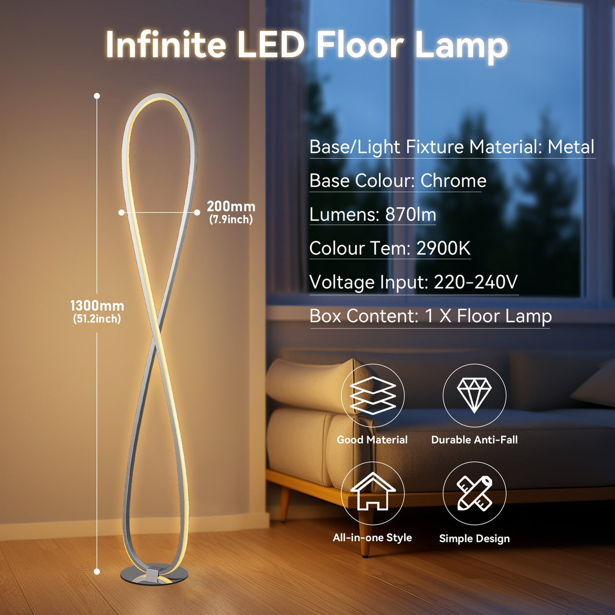 Slim chrome LED floor lamp standing in a living room corner