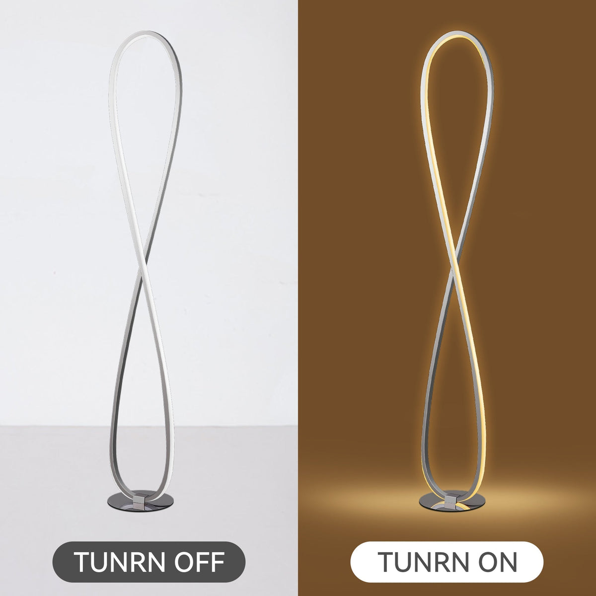 Slim chrome LED floor lamp standing in a living room corner