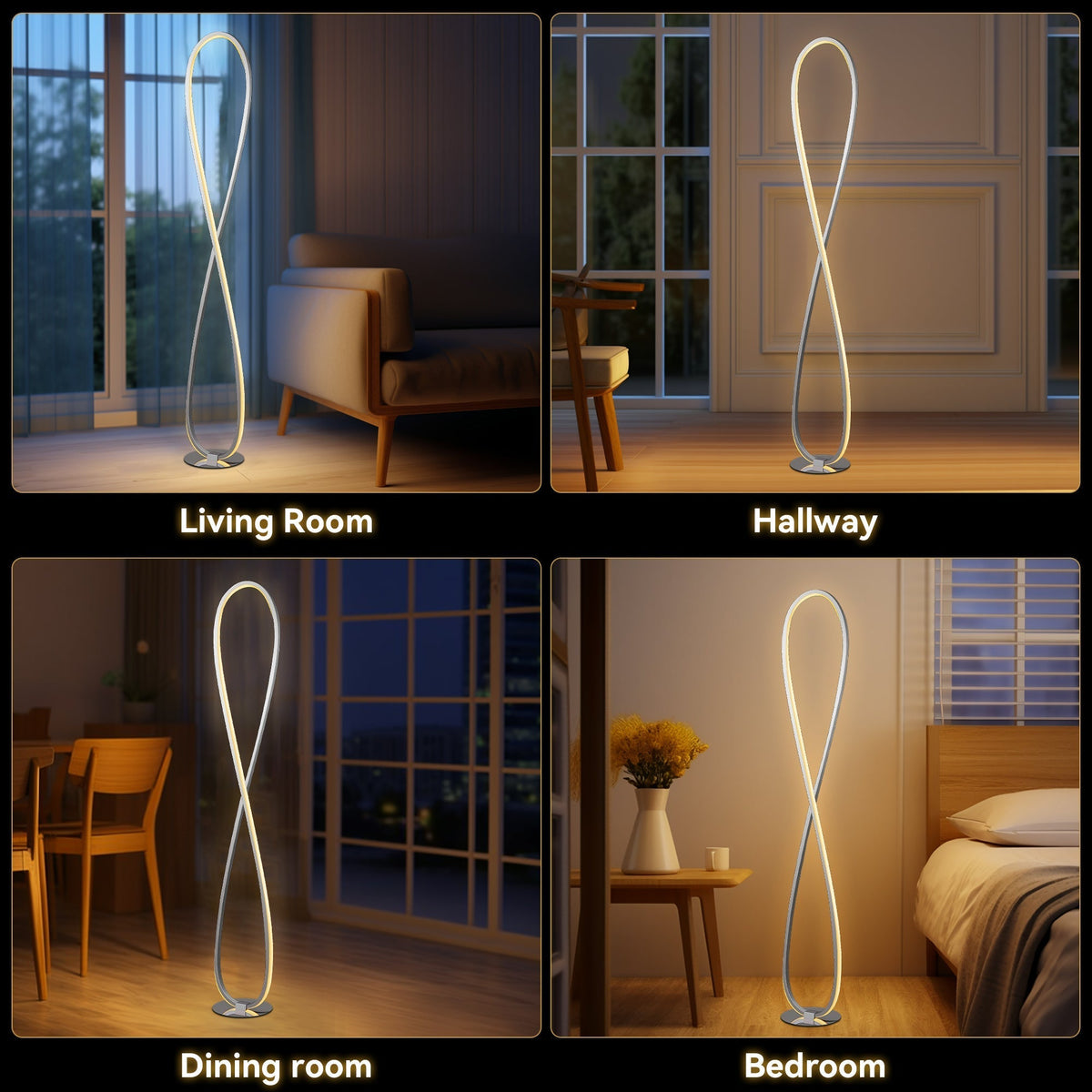 Slim chrome LED floor lamp standing in a living room corner