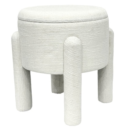 Beige round MDF timber storage stool with low profile and flat top