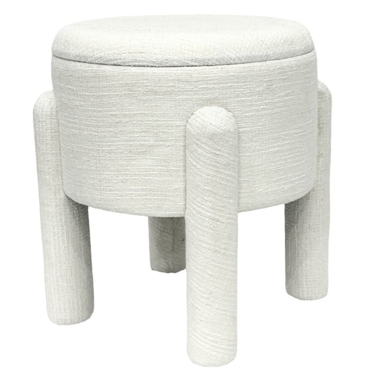 Beige round MDF timber storage stool with low profile and flat top