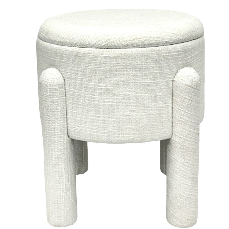 Beige round MDF timber storage stool with low profile and flat top