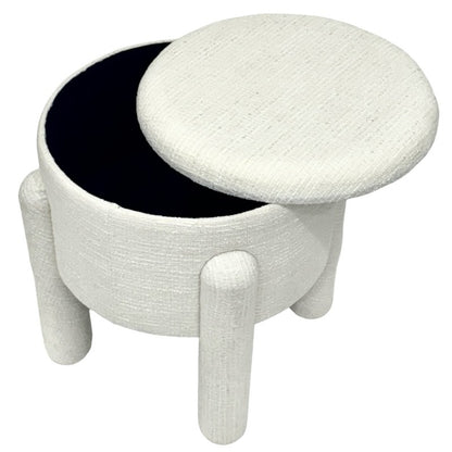Beige round MDF timber storage stool with low profile and flat top
