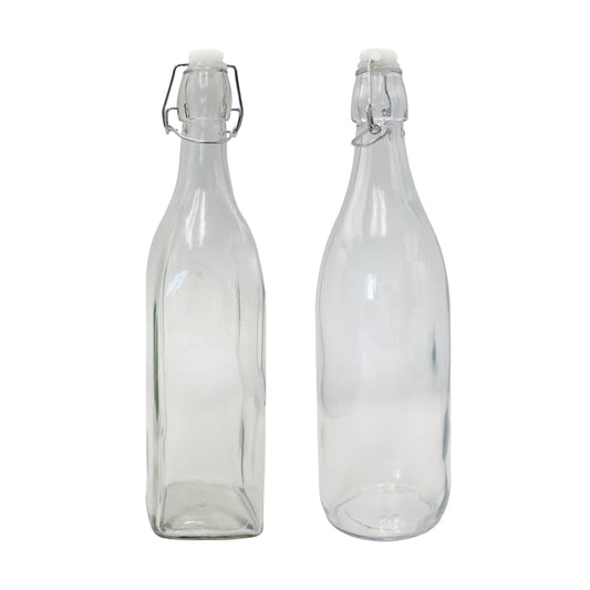 Twelve clear glass bottles with clip lids shown upright