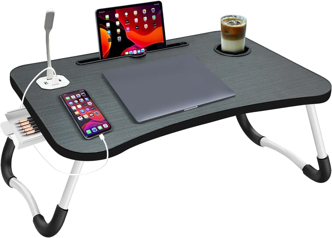 Black folding laptop desk with USB ports, cup holder, tablet slot and built-in drawer