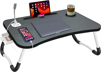Black folding laptop desk with USB ports, cup holder, tablet slot and built-in drawer