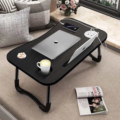 Black folding laptop desk with USB ports, cup holder, tablet slot and built-in drawer
