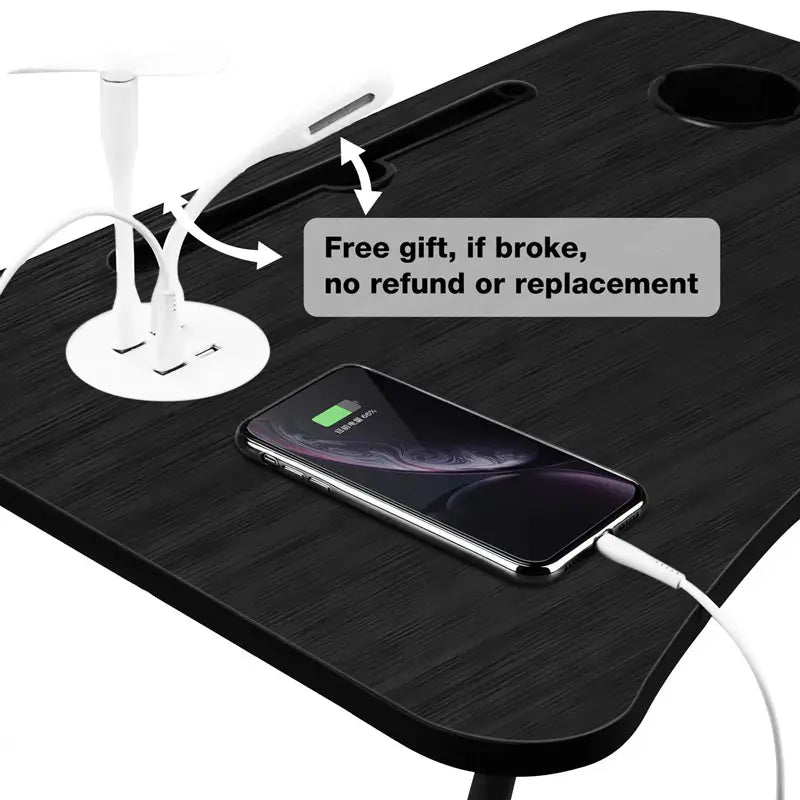 Black folding laptop desk with USB ports, cup holder, tablet slot and built-in drawer