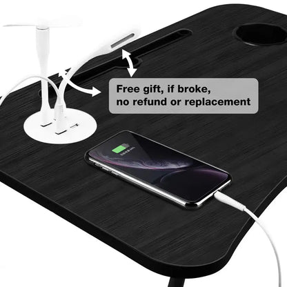 Black folding laptop desk with USB ports, cup holder, tablet slot and built-in drawer