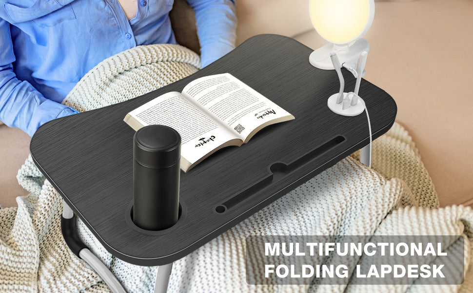 Black folding laptop desk with USB ports, cup holder, tablet slot and built-in drawer