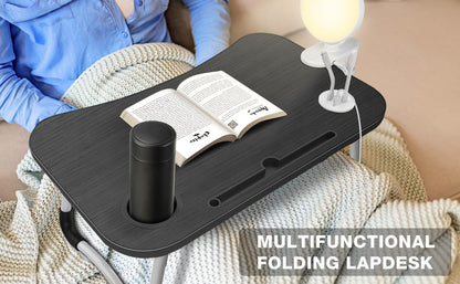 Black folding laptop desk with USB ports, cup holder, tablet slot and built-in drawer