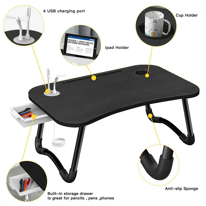 Black folding laptop desk with USB ports, cup holder, tablet slot and built-in drawer