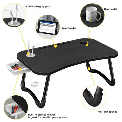 Black folding laptop desk with USB ports, cup holder, tablet slot and built-in drawer