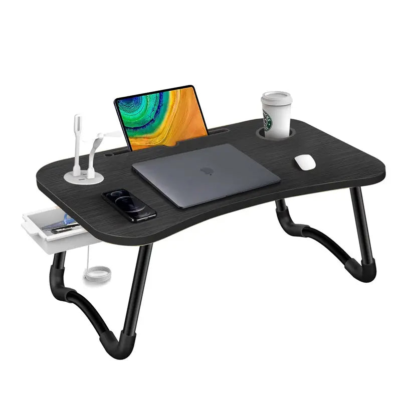 Black folding laptop desk with USB ports, cup holder, tablet slot and built-in drawer