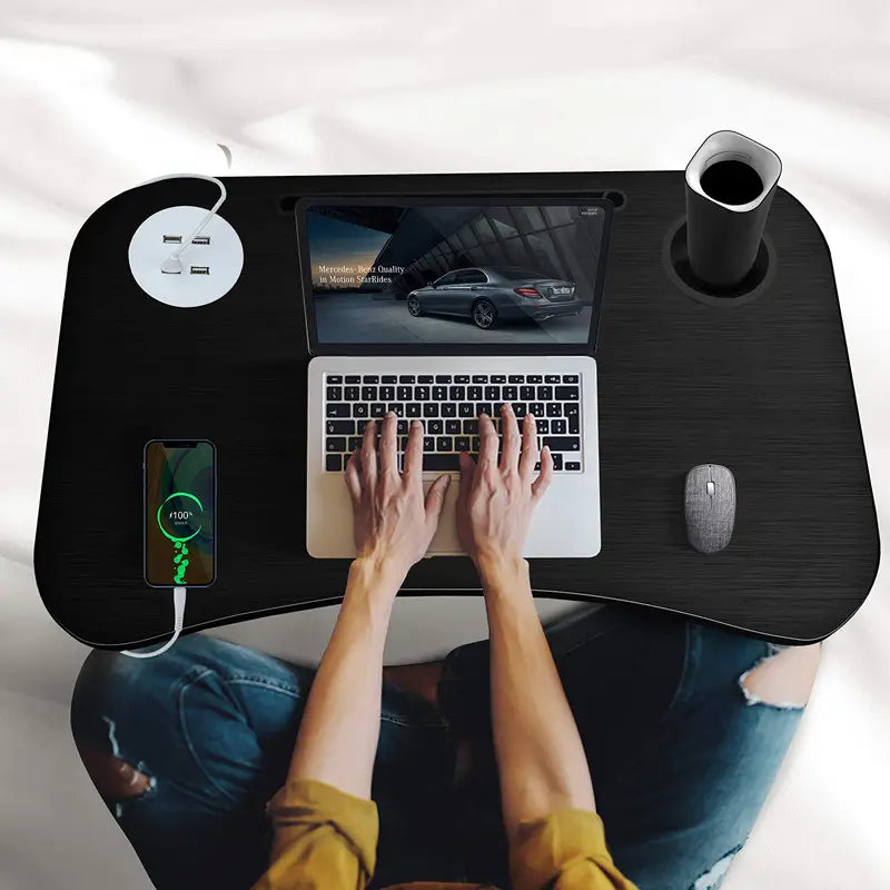 Black folding laptop desk with USB ports, cup holder, tablet slot and built-in drawer