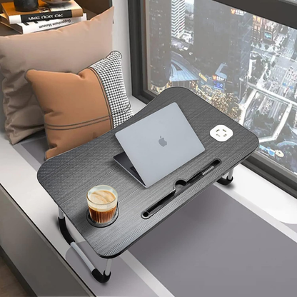 Black folding laptop desk with USB ports, cup holder, tablet slot and built-in drawer