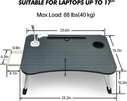 Black folding laptop desk with USB ports, cup holder, tablet slot and built-in drawer