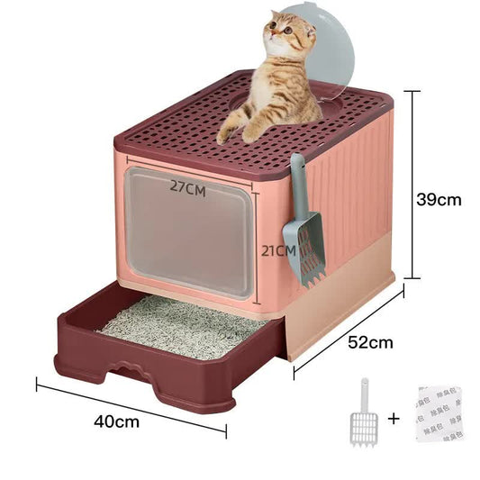 Pink enclosed top-entry cat litter box with perforated lid and pull-out drawer