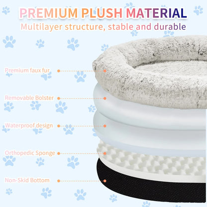 Dark grey fluffy donut pet bed with deep plush pile and raised rim
