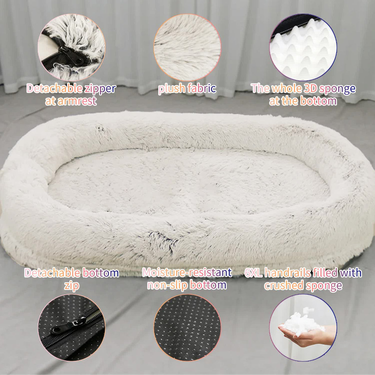 Dark grey fluffy donut pet bed with deep plush pile and raised rim