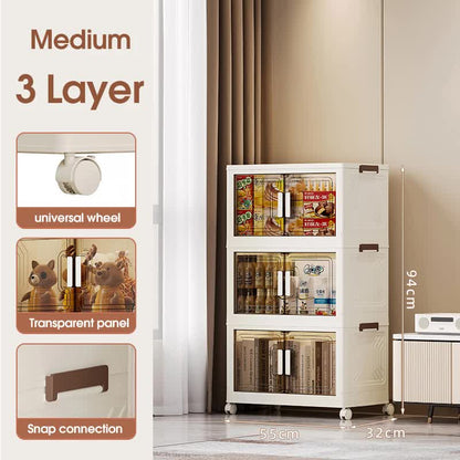 Three layer stackable storage boxes with clear front doors in a pantry