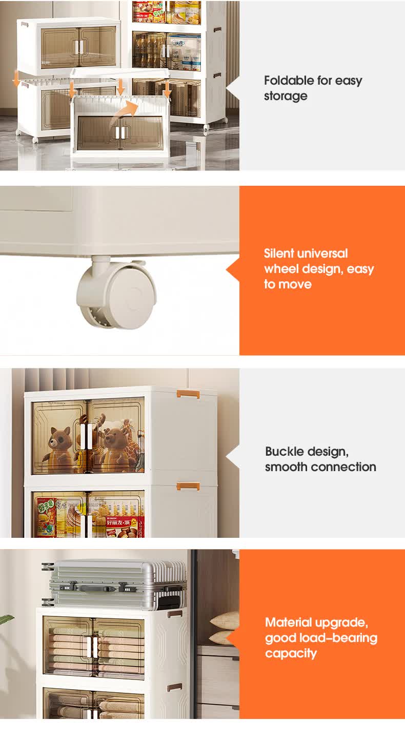 Three layer stackable storage boxes with clear front doors in a pantry