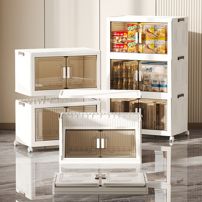Three layer stackable storage boxes with clear front doors in a pantry