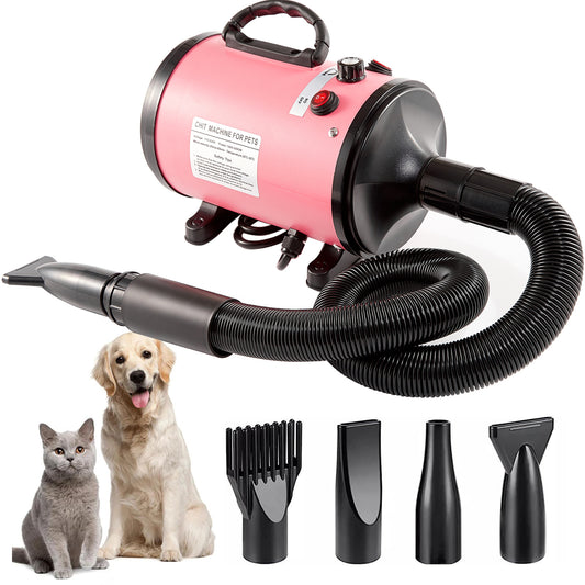 Pink pet hair dryer with comb nozzle attachment beside a groomed dog