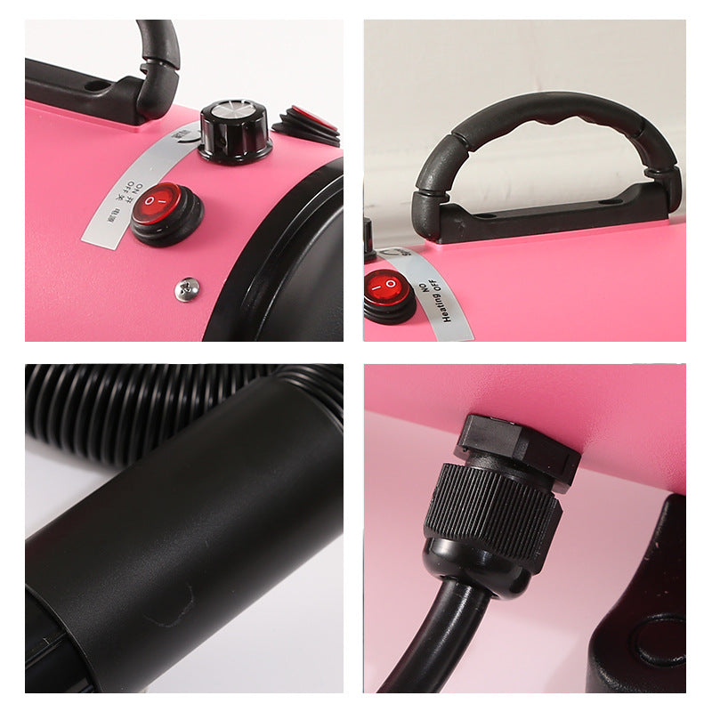 Pink pet hair dryer with comb nozzle attachment beside a groomed dog